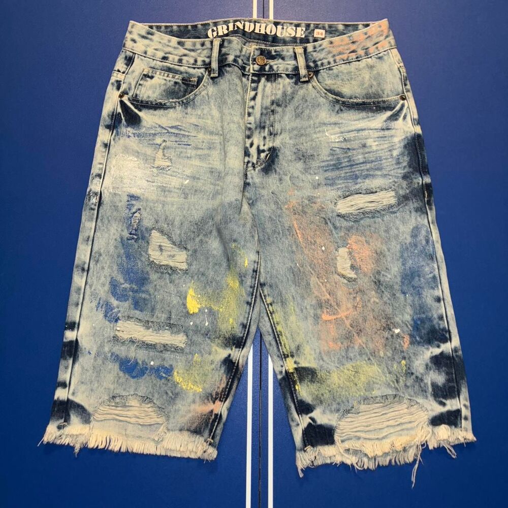 y2k Grindhouse blue denim streetwear shorts with paint splatter